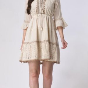 Oatmeal, Short Dress, Wide Bottom Design, Med Sleeve
