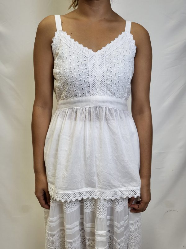 White thin strap - long top - fitted center - frilly bottom